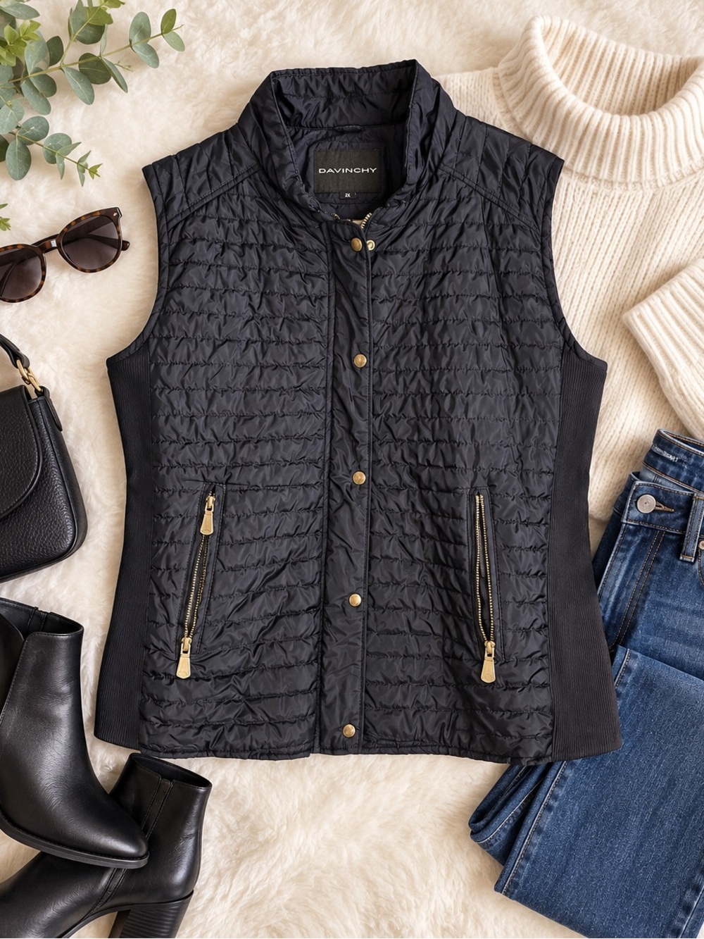 DAVINCHY Black Quilted Vest – Size 2X